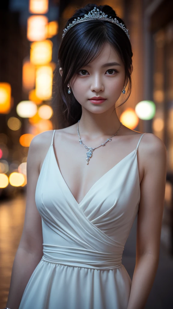 Random posture, (An extremely delicate and beautiful work), (masterpiece), 1girl, a girl in a white dress, highly detailed, waist leaking, ponytail contorted, charming expression, beautiful and clear eyes, green eye pupil, delicate necklace, delicate earrings, fairy ears, simple blurred background, extreme detail description, beautiful, charming, ultra-fine painting, delicate face, delicate figure, Fine collarbones, lovely lips, beautiful breasts, soft behind, mix4,(8k, RAW photo, best quality, masterpiece:1.2), (realistic, photo-realistic:1.37),1girl,cute,cityscape, night, rain, wet, professional lighting, photon mapping, radiosity, physically-based rendering,(beautiful small hard nipple:1.3),(seen nipple head on the dress:1.3)