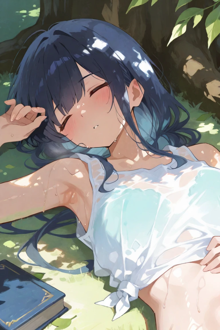 Slime Girl,lying on the grass,masturbating,climax,naked,cums,covered in sperm,ejaculation