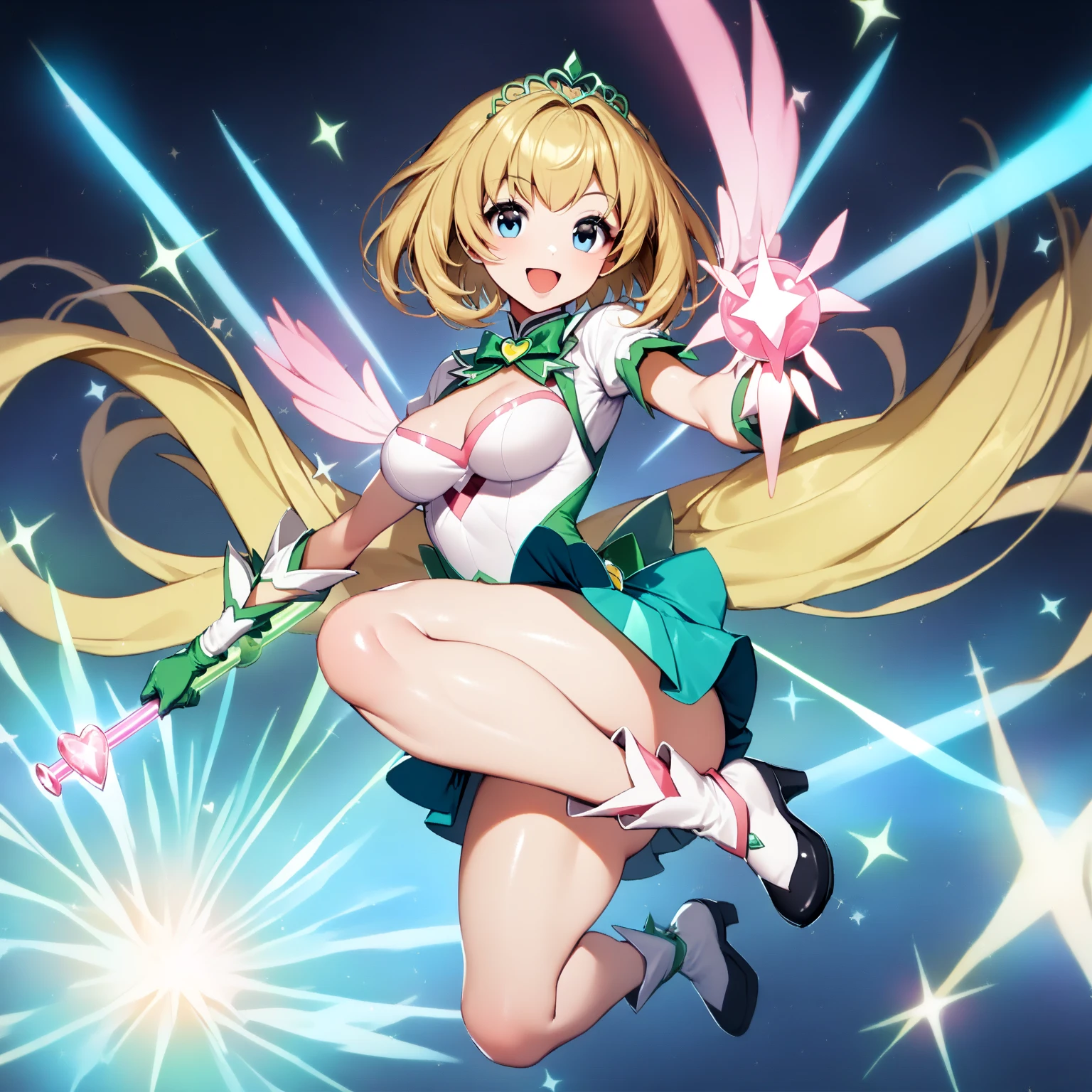 ung woman, (((extremely cute and beautiful))), (((smile))), (((open mouth))), (((fully exposed neckline))), (((medium breasts))), (((thick thighs))), (((white top))), (((short hair))), (((blonde hair))), ((full body)), shiny skin, (((blue eyes))), (((magical girl style))), (((magical girl uniform))), (((green mini skirt))), (((green long gloves))), ((magic rod))), (((hair tiara))), (((sparkling heart pink background))), (((crystal light effect))), ( Magic Effect: 0.9)