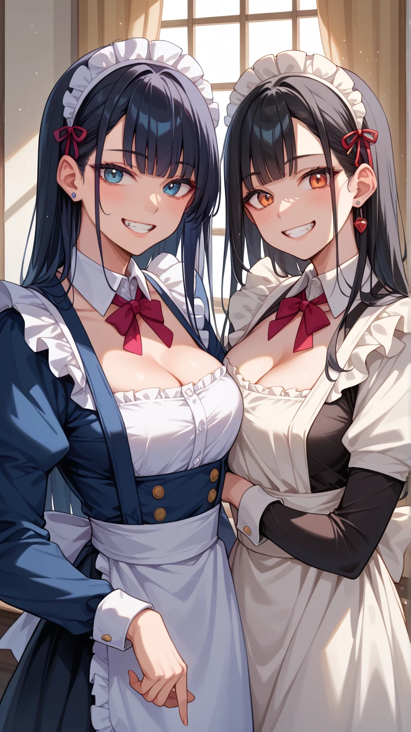 2 girls、kiss,Sticky,Face to Face,love,(8k、Highest image quality、best quality、masterpiece)、Maid costume,Panting,Large Breasts,Extremely detailed facial details, handcuffs,Collar,Calm expression,Red lips,Sweet smile,Black long hair, Charming blue eyes, Fox ears, Ridiculously big, glowing skin,Dining room
