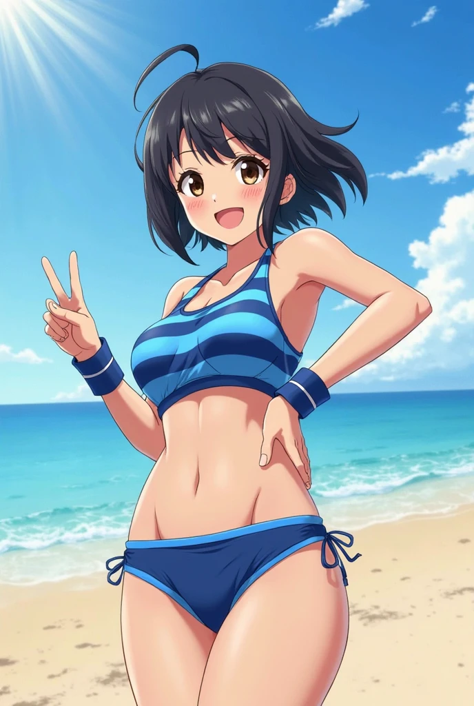 nsfw:1.2,(Ultra flat, Flat Shading), Honors Type, Really blushing, 17 years old, (Cheerleading match:1.5), Three Girls, Wear White (High cut T-back bikini swimwear:1.5), Wedge Shape:1.5, Camel Toe:1.7, Sneakers, Ponytail Brown Hair, Sweaty healthy body, My whole body was soaked with lotion and sweat., barefoot, belly button, Ultra-realistic, Wind, In crowded public places, (From below:1.5)、(bare breasts:1.5)