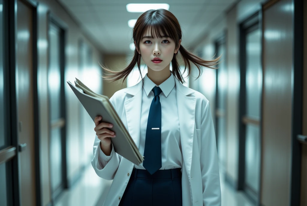 hospitals，hallways as background，a girl is doctor，chinese, figure viewed from behind， black hair，long hair, blond eyes，wears glasses，Manteau blanc，Put your hands in your pockets，