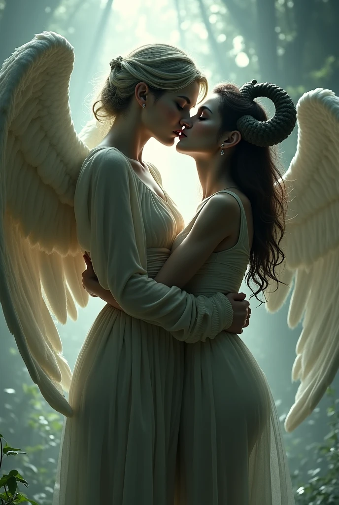 Generate Princess of Heaven and Princess of Hell,who are kissing.The princess of the sky is short,she has brown short hair and blue eyes.She also has white angel wings and a halo..The princess of hell is tall,she has long blonde hair and brown eyes.He also has black horns and a demon tail..