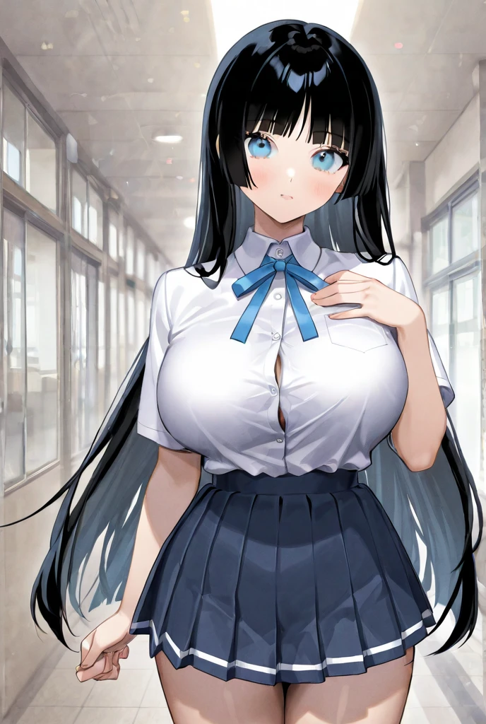 swim wears　hposing Gravure Idol((​masterpiece))、(top-quality)、(detaileds)、(1girl)、blue hairs、Blue glowing eyes、Upstyle、white  shirt、a black skirt、looking down to viewer