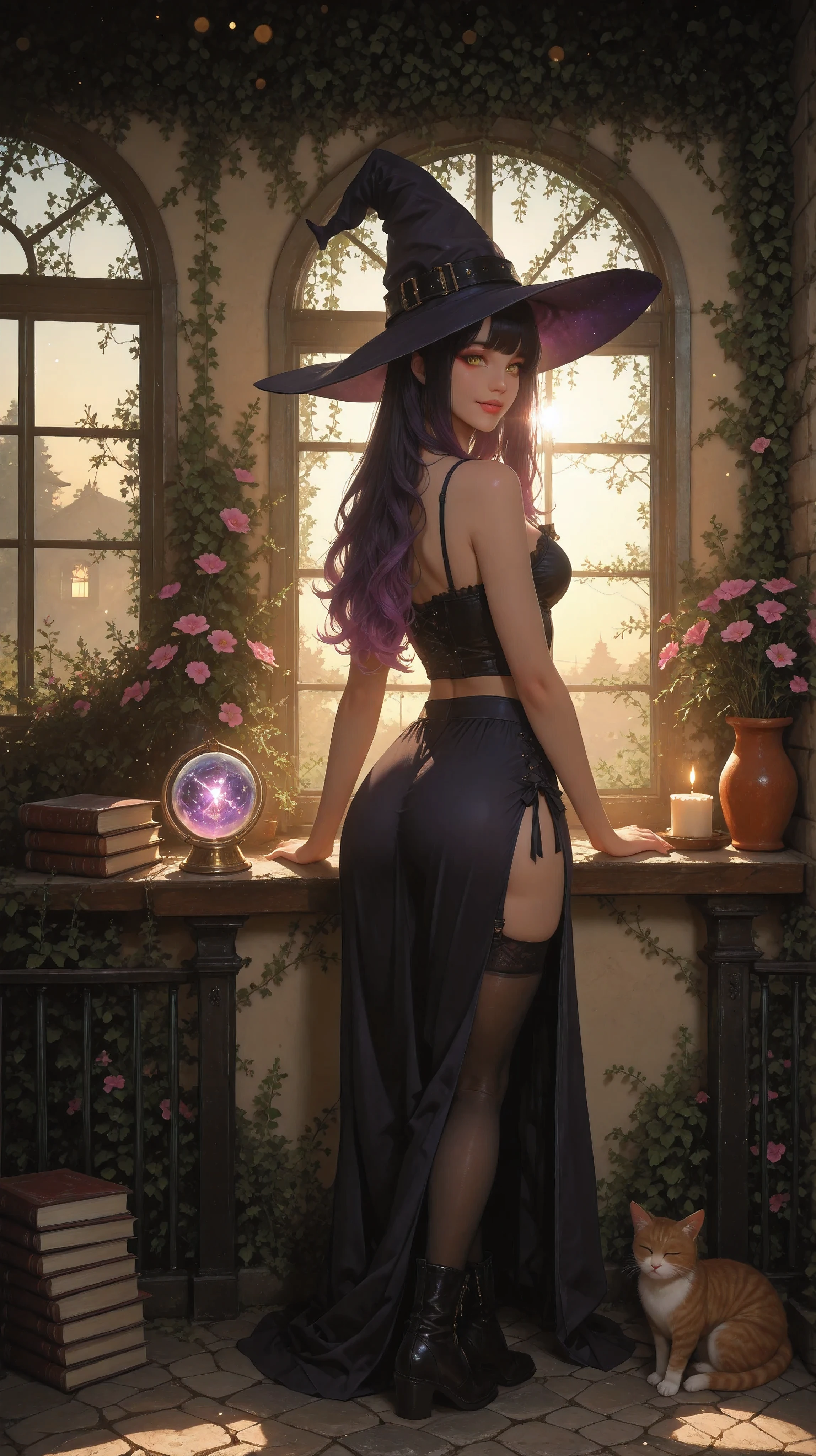 anime girl in a witch costume standing in a room with a window, black - haired mage, witch girl, flirty anime witch casting magic, she is in the potions workshop, artwork in the style of guweiz, beautiful cowboy witch, witchy, a witch, a beautiful sorceress, witch academia, witch, by Yang J, classical witch