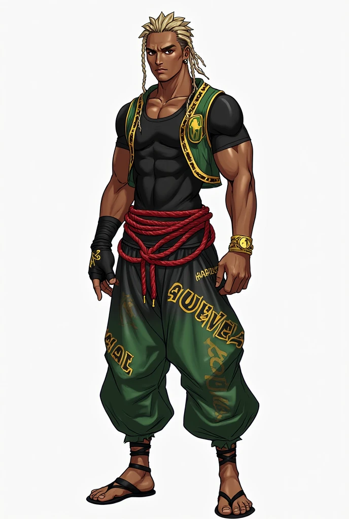 character sheet. character design. front and side. black man with dreadlocks. very dark skin. short beard. comfy clothes. tank top. open robe. gold jewelry
