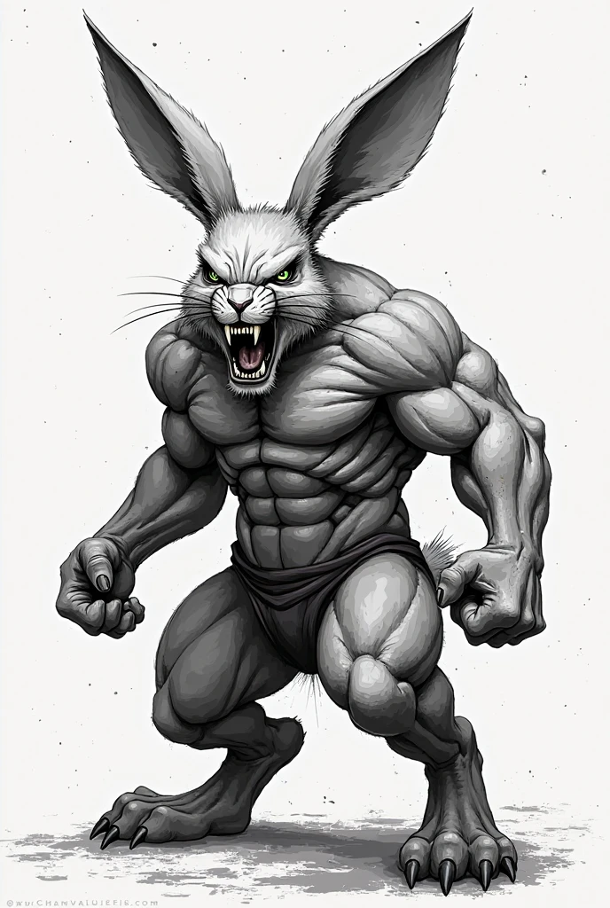 realistic muscular white rabbit from the waist up with long ears, and one of them folded red eyes showing teeth evil face showing hands more open plan
