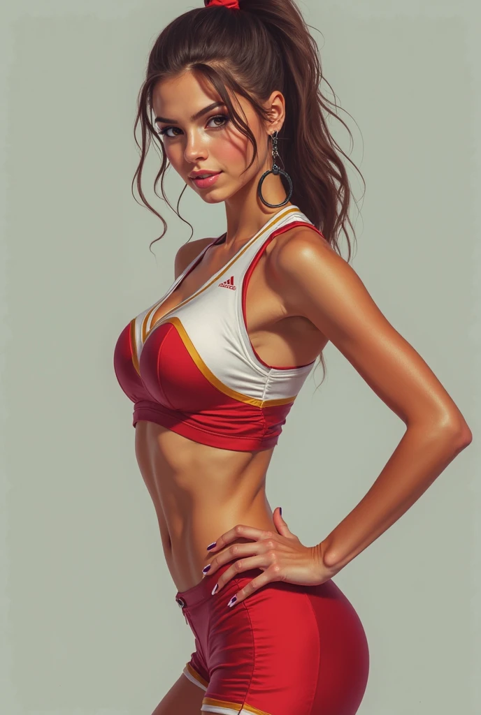 Natalie Portman, ((tight front tied white crop top)), pokies, ((red cotton yoga shorts)), perfect breasts, toned body, sultry pose, wide smile, morning sunlight, college campus