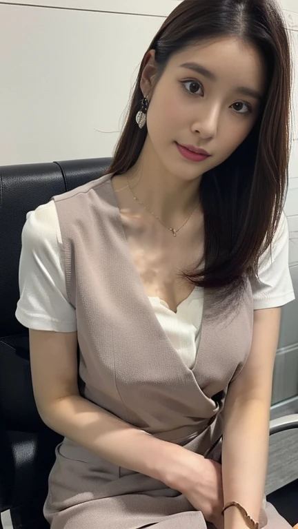 (top-quality, 16K, ​masterpiece:1.3), (ultra detailed), (masterpiece), (best quality), Highest quality, Realistic, surreal, Highest quality, Extremely detailed CG, Very delicate, 16K wallpaper, High resolution, A female manager working for a top company, 3, ((Light makeup:1.5)), ((There is a mole on the face that is considered seductive:1.1)), ((UNTITLED business suits:1.2)), ((A very simple necklace)), Japanese office with large windows, ((sitting in an office chair:1.5)), Japanese, slender body, ((middle breast:1.5)), very detailed, detailed fingers, detailed hands, detailed eyes, detailed legs, accurate and perfect human anatomy, real human skin, BREAK ((upper body:1.5)), ((look into the viewer's eyes:1.5)), ((looking at viewer:1.5)), ((Front view:1.5)), ((from front:1.5)),