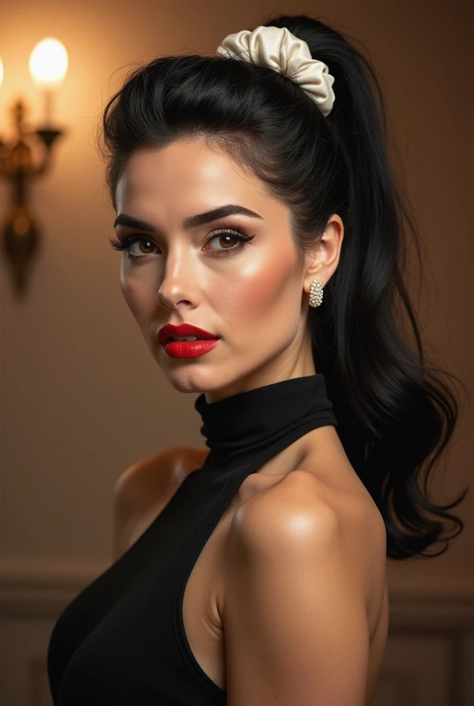 close-up, extreme close-up, close-up portrait, portrait, close-up on her lips, ultra realistic, photography, long black straight hair in a ponytail, elegant perfect hair, (30 years old, hazel eyes, hourglass figure, perfect fit body, natural big breasts), firtatious look, crimson red lipstick, femme fatale, she is a sex icon, she is a sex goddess, long eyelashes, cat-eye make-up, she is completely nude, she is completely naked, focus on her lips, highlight her lips, she has her hands on her neck and her head slightly leans backwards, her eyes focus the camera and her lips are slightly parted, wearing diamond earrings, from behind