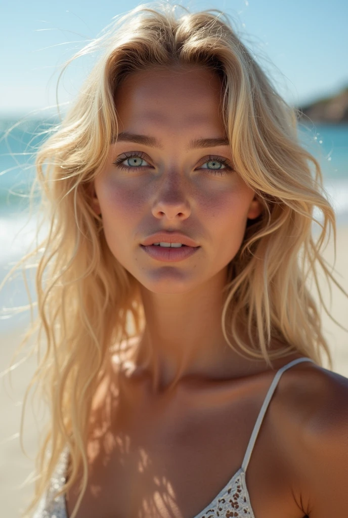 Blonde Woman, hyper realistic, 8k, shooting photo, on the beach , Brown hair 