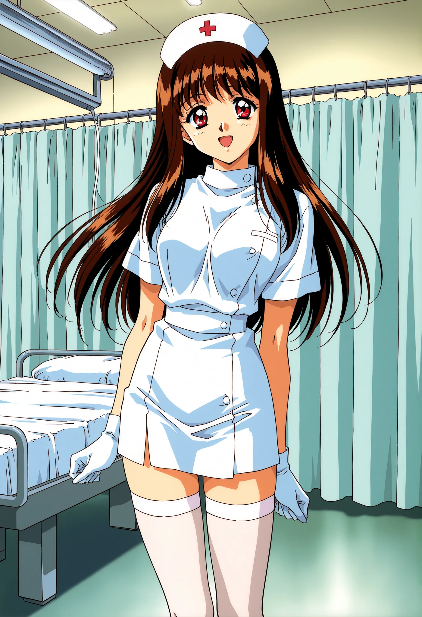 Score_9, score_8_up, score_7_up, source_anime, Yuuki_Mizuho_OVA, 1girl, solo, long hair, brown hair, red eyes, 1990s \(style\), anime coloring, (best quality), (high quality), {masterpiece}, extremely delicate and beautiful, ultra-detailed, beautiful detailed eyes, nurse, nurse hat, ((white nurse's outfit)), white gloves, white thighhighs, hospital room, smile, open mouth, standing
