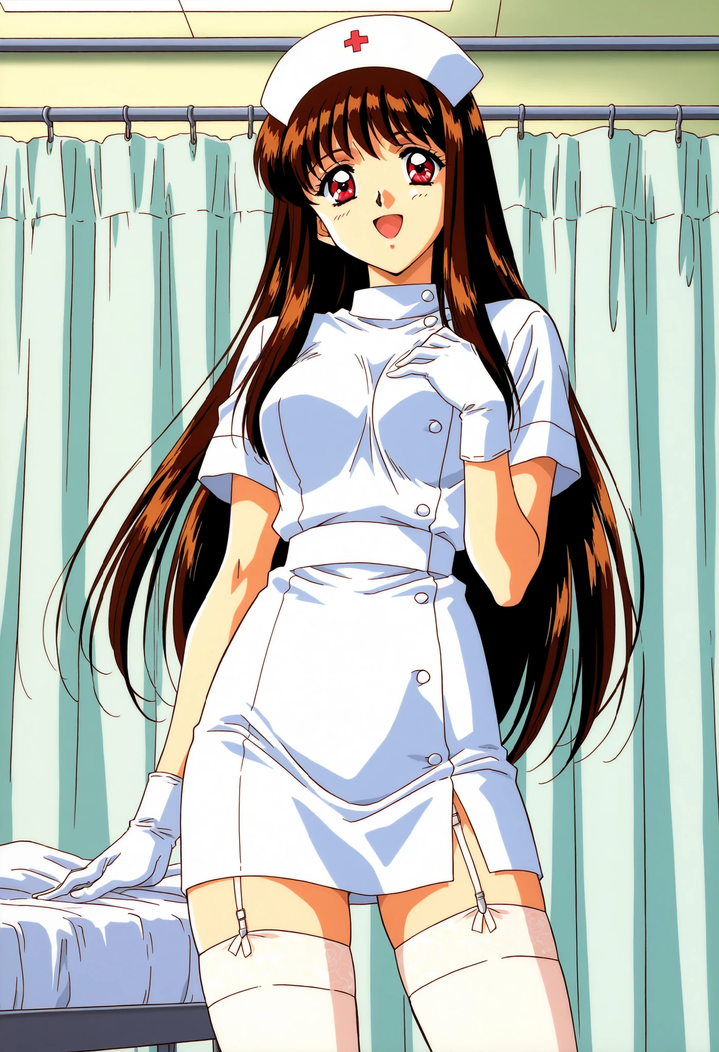 Score_9, score_8_up, score_7_up, source_anime, Yuuki_Mizuho_OVA, 1girl, solo, long hair, brown hair, red eyes, 1990s \(style\), anime coloring, (best quality), (high quality), {masterpiece}, extremely delicate and beautiful, ultra-detailed, beautiful detailed eyes, nurse, nurse hat, ((white nurse's outfit)), white gloves, white thighhighs, hospital room, smile, open mouth, standing