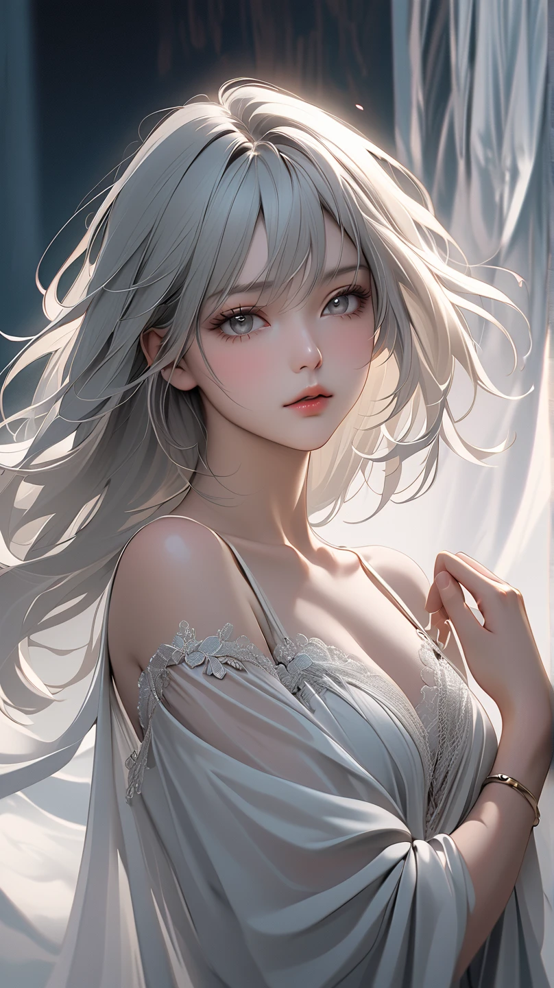 super high quality, masterpiece, Perfect illustration, Very detailed、8k wallpaper, Very detailed (Exquisite light and shadow, Very dramatic photo,Backlight) , ((Gray Hair:1.5))1 Girl, alone, (Wearing Han clothes, Royalty、Black and white Hanfu,Thick fabric,Long sleeve) Flower Field, Flowers, (White smoke:1.3) (Realistic:1.4),  (Dynamic Angle: 1.4), Glowing Skin, (Floating colorful flashes: 1) The most beautiful chaotic shapes, elegant, Brutalist Design, Bright colors, Romantic Depth of Field Exotic_dance, half_naked、((Off the shoulder、Medium Chest、Beautiful cleavage、Touching lips))