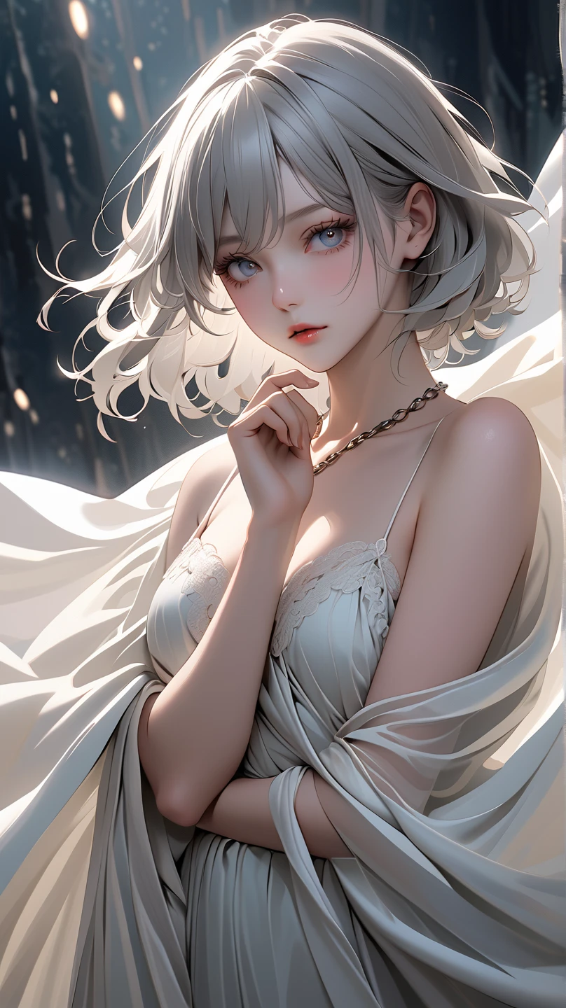 The ultimate nude sculpture, (((Very elegant and beautiful, Perfect detail, Very detailed))), whole body, The most detailed girl, Written boundary depth, 美しく詳細なwhole body, Thin legs, 1 girl, 18-year-old, Short Hair, Spiked Hair, Gray and silver hair, Beautiful detailed hair, Perfect Face, Expressionless, Beautiful, detailed, deep eyes, Please open your mouth a little, Delicate arms and hands, Pale skin, Earrings, Beautiful and gorgeous necklace, Colorful background, HD background, Blurred Background, Very delicate and beautiful, masterpiece, (((Highest quality, Very beautiful 8K CG wallpaper))), (((Trendy hairstyles))),
