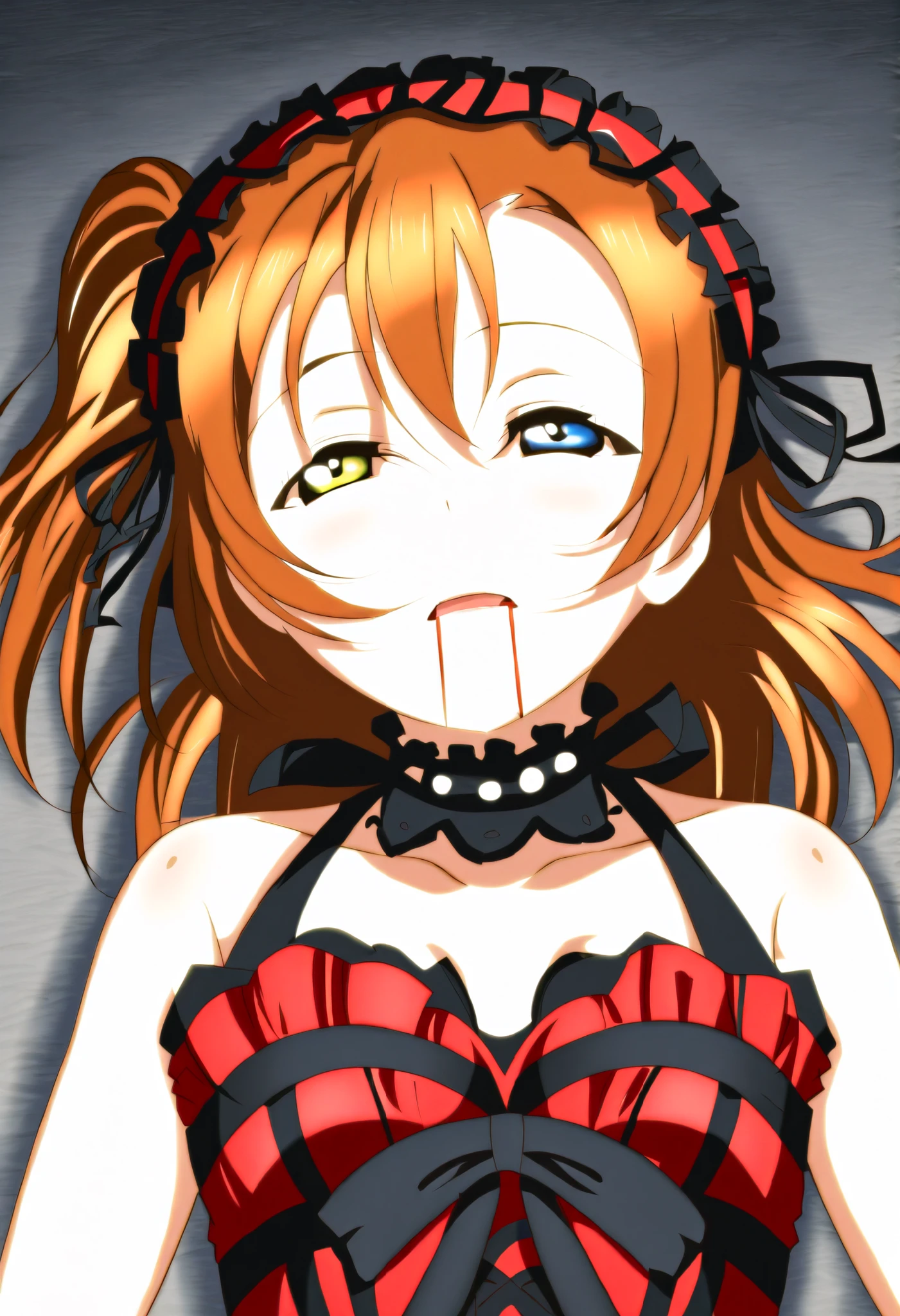 ,huge ,Gothic Lolita,Garter Straps,Laughing with your mouth open,tooth,vampire,Halloween,Orange Hair,hair ornaments,Heterochromia iridis,Best image quality,Highest quality