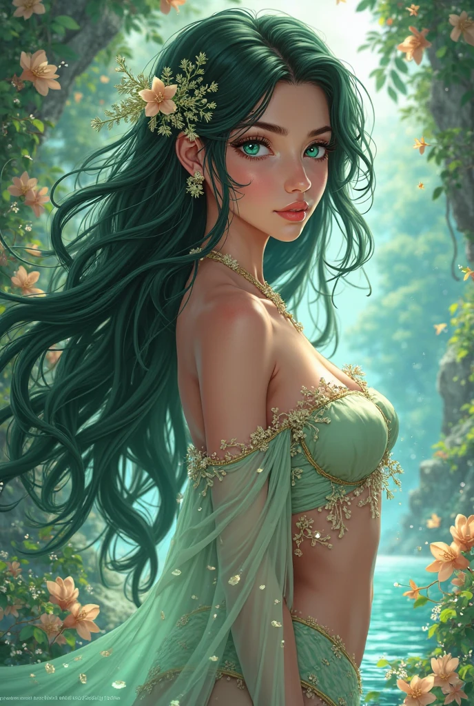a beautiful peacock goddess, close up, small breasts, surrounded by flowers, in a floral garden, long dark green hair, peacock feather modest dress, peacock like dress, soft face, full lips, soft light, floral arch background, garden background, magical scenery, best quality