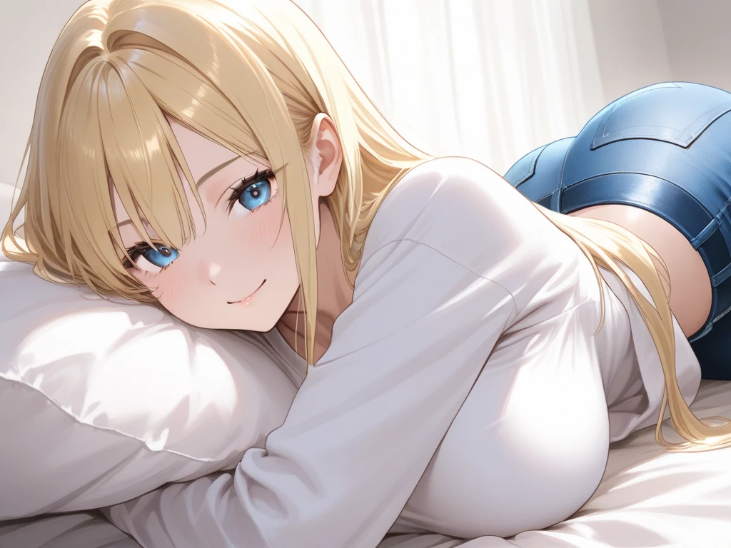Anime style, Girl sitting on the floor in front of the window, seductive anime girl. soft-lighting, blonde anime girl with long hair, marin kitagawa fanart, beautiful anime girl squatting, with long hair, the anime girl is crouching, smooth anime cg art, painted in anime painter studio, beatiful face , Cyan eyes, properly proportioned