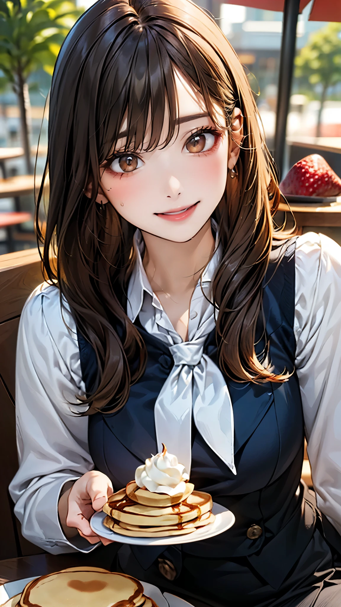 (masterpiece:1.3, top-quality, ultra high res, ultra detailed), (realistic, photorealistic:1.3), beautiful illustration, perfect lighting, natural lighting, colorful, depth of fields, 2025s, ,
beautiful detailed hair, beautiful detailed face, beautiful detailed eyes, (perfect anatomy, anatomically correct, super detailed skin), shiny skin,
looking at viewer, (face focus, upper body), 1 girl, office lady, cute and symmetrical face, perfect face, perfect eyes, perfect body, perfect fingers, (five fingers), babyface, cute face:1.2, tiny,
(long hair, straight hair, light brown hair), bangs, dark brown eyes, big eyes, long eye lasher, (large breasts, seductive thighs), slender, skin dentation,
(detailed cloth texture), break (navy suit vest, navy tight skirt), break (long sleeve white blouse, white neckerchief), break
(beautiful scenery), spring/(seasons/), evening, detailed background, (restaurant:1.5, black tea, Strawberries and whipped cream on pancakes:1.5), sitting chair, eating, (cute smile, open mouth),