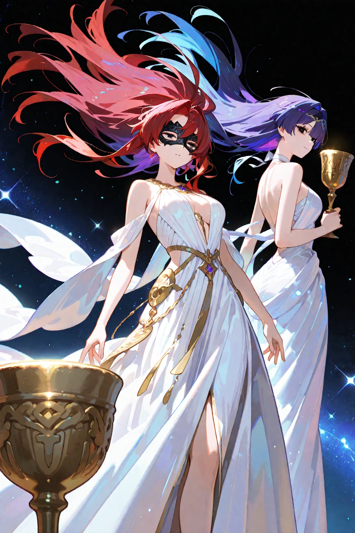 An ultra-high picture quality, Super Detail, High resolution, Anime, Manga, Illustration, Fantasy, Intelligent beauty, Amorous expression, Glossy flowing layered messy white short hair, Half-up braided hairstyles, Sparkling blue eyes, Seductive moist pink lips, great proportion, Full body, white thong bikini, skimpy bottom, Northern Renaissance style in the background, Galaxy, Magic Circle, Kaleidoscope, rainbow and gold neon light many lines, cyberpunked --auto