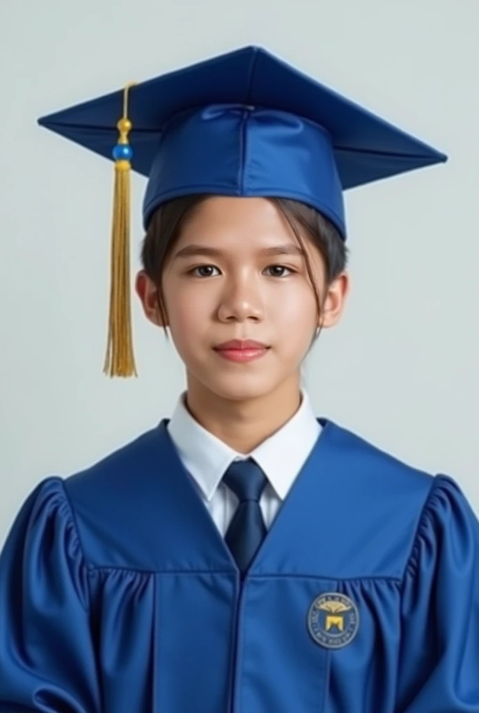 a happy child short hair who has just graduated from high school, she is in her full graduation uniform,
 technicolor, wide angle, documentary photography, soft lighting
