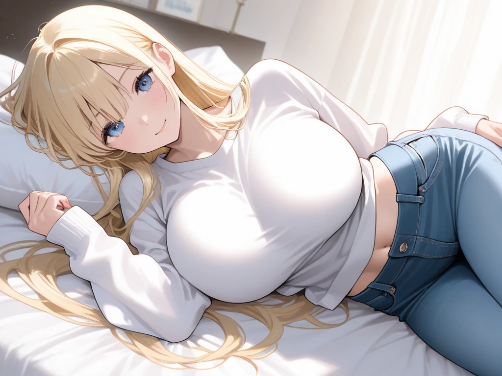 (1girl:1.3), Masterpiece, Best quality, amazing beauty, 4K, absurdres, finely detail, super detailed eye, perfect anatomy, official art, cinematic lighting, BREAK, bedroom, silky long hair, blonde, super shiny detailed black eye, embarrassed, BREAK , , sitting bed in bedroom, BREAK , (school uniform:1.2), BREAK,()