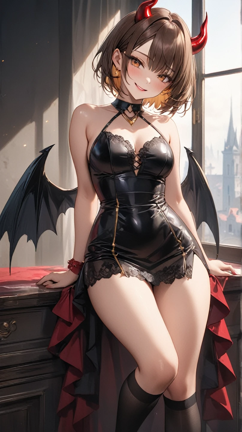 Full-body shot close-up:1.2, (Best Quality,Masterpiece:1.2),The ultra-detailliert,(Photo Photorealistic:1.4),Lovely_succubus, Detailed face, Fantastic face,(The two horns of a succubus:1.2), ((The two wings of a succubus:1.5)), irene, lisa, (((Background of the windows inside the European castle:1.3))), Full-body shot,