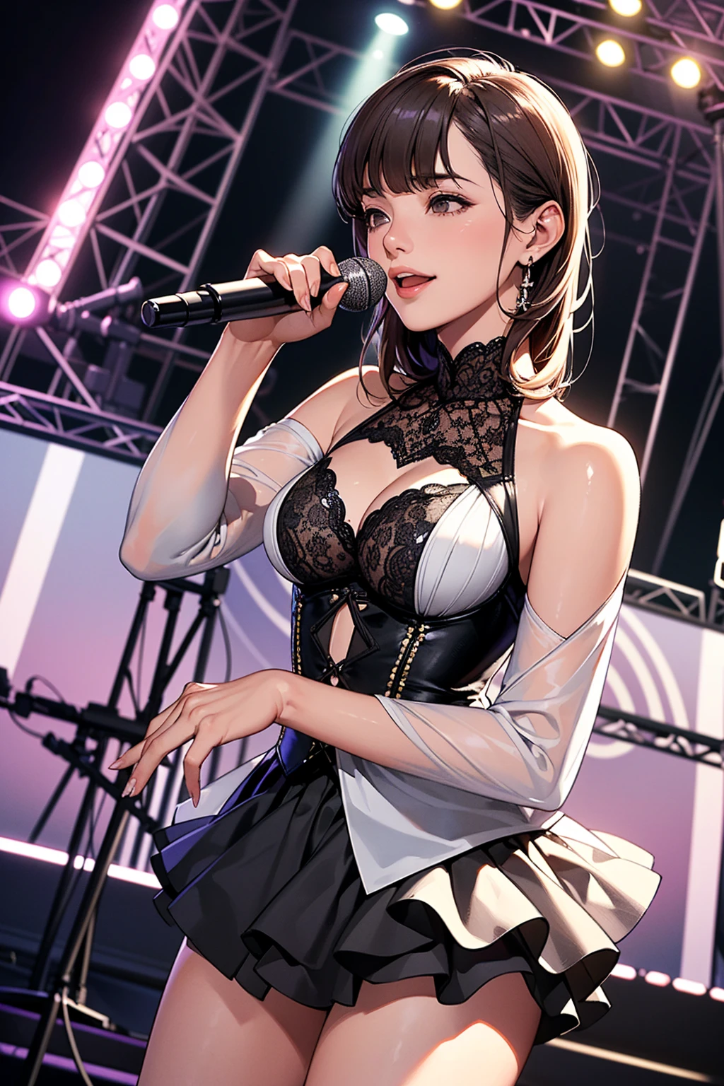 Best quality, tmasterpiece,photorealestic,1girl,solo,lips,open_mouth,microphone,tongue,tongue_out,lace skirt