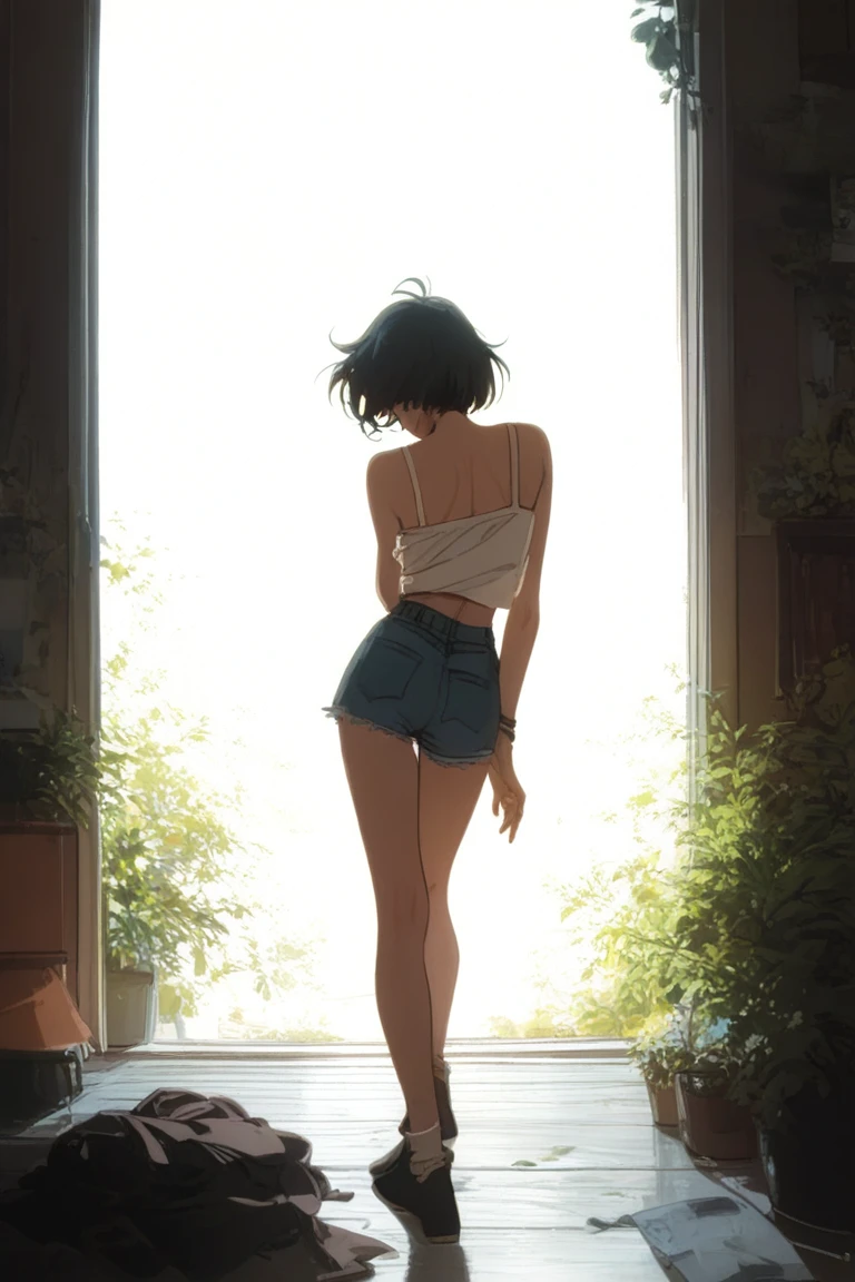 teens girl、black hair short cut、wet one's pants、barechested、showing small breasts、Looking back、、inside in room、Shot diagonally from behind、all-fours、profile、the morning sun