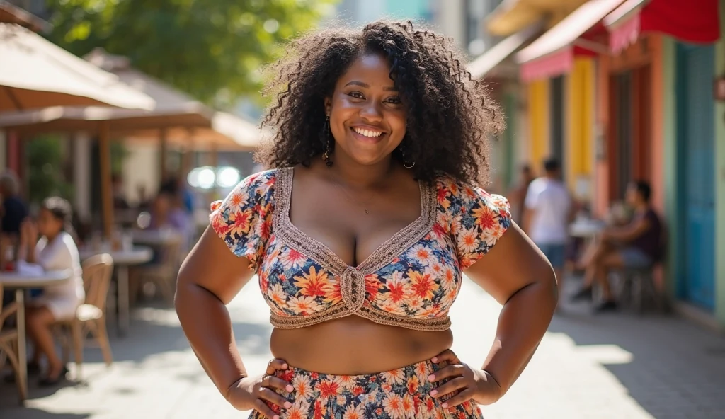 a plus size Papua New Guinean woman wearing a short flowery summer dress. she has very short braided hair, she has massive breasts and very wide hips, printed on her dress are the words, "VIVIANE BEN", background is the gateway to Neverland, Samsung Galaxy S24 Wallpaper Theme