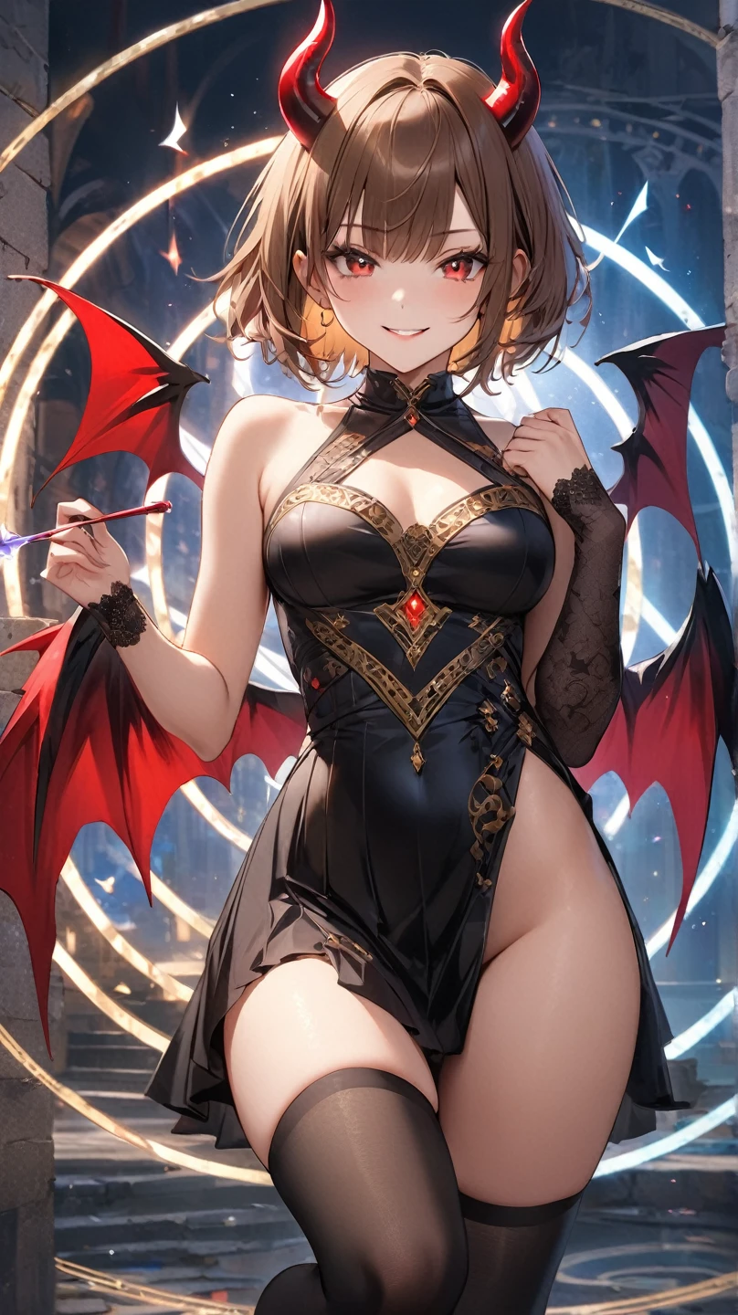 A young 15- yr old native European girl with lovely charming face,(  pale skin texture masterpiece),(tomboyish haircut look),(smiling with exposed teeths showing)(perfect full body detailed anatomy), (Super accessories detailed), (meditating ), (perfect detailed bright sparkling eyes),( short illuminating onyx gemstone crystalized hair), ((expose big hard erect nipples))(( exposed panty ))((legs wide open showing pussy line))(( Wearing transparent illuminating costume of a vampire)), holding a treasure drinking glass or heart gemstone artifact (( illuminating different lights covering the sorrounding atmosphere)) on its back wearing beautiful large bat wings detailed design, The character solemnly praying, 7 different perspective view of that same girl & face profile sheet character style 