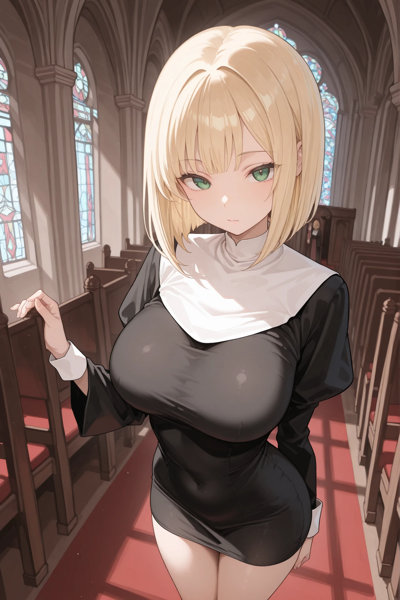 beautiful eye,masterpiece, best quality,1girl,Shoulder-length Bob, blonde hair,green eyes, nun, short dress,looking_at_viewer, standing,in church,no decorations,no veil,