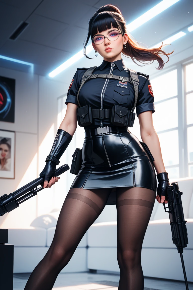 19 y.o. 1 girl, Claire Redfield, very small breast, detailing face, detailing body, big hips, small ass, brown hair, gray eyes, cute, detailing face, black pantyhose, transparent pants, red shirt, long shirt, bulletproof vest, machine gun in hand, the ruined alley,source_anime, belt, highly detailed, blush, military boots, walking, camel toe, cowboy shot,