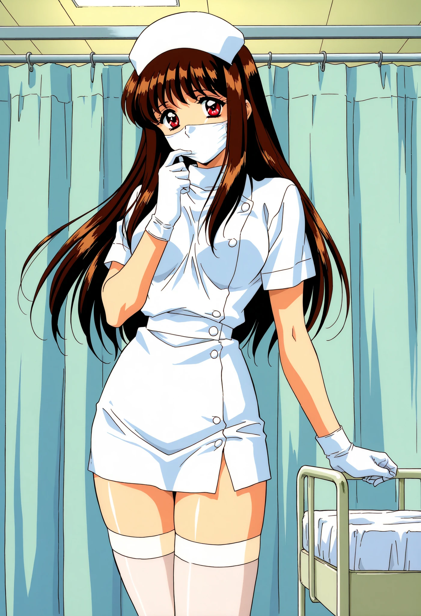 Score_9, score_8_up, score_7_up, source_anime, Yuuki_Mizuho_OVA, 1girl, solo, long hair, brown hair, red eyes, 1990s \(style\), anime coloring, (best quality), (high quality), {masterpiece}, extremely delicate and beautiful, ultra-detailed, beautiful detailed eyes, nurse, nurse hat, ((white nurse's outfit)), white gloves, white thighhighs, hospital room, ((white mask, mouth mask, covered nose)), standing