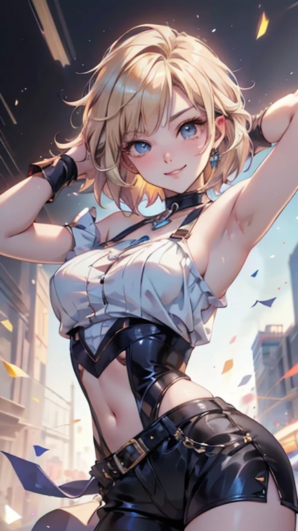 VLP, Aeolian,smile, mini skirt, blonde hair,(starry night sky, Confetti background:1.5)), ethereal glowing, arching your back, navel, hips, face close up, ultra detailed, small parts, detailed eyes and face, Sharp students, realistic students, (Light blue and white idol costume:1.4)