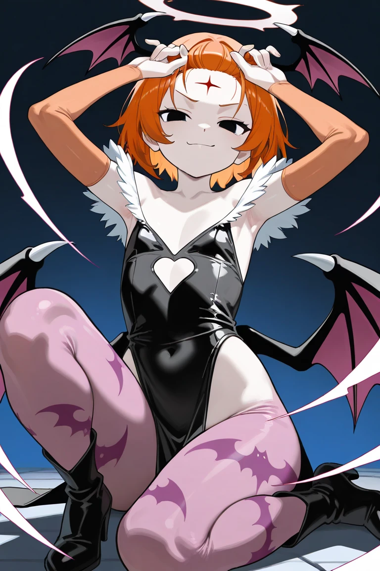 (Masterpiece, Best Quality, High Quality), from side,Hoshizora rin, orange hair, short floating hair, yellow eyes,breasts,bangs,demon_girl,head_wings,wings,animal_print,(pantyhose:1.1),bat_print,bat_wings,print_legwear,bridal_gauntlets,leotard,bare_shoulders,cleavage,large_breasts,black_wings,orange_gloves,thong_leotard,bat print,clothing_cutout,purple_wings,heart_cutout,low_wings,black_leotard,bat,highleg_leotard,purple_legwear,highleg,demon_wings,feather_trim,gloves,koakuma,cutout_above_navel,thicc thighs,collarbone, night