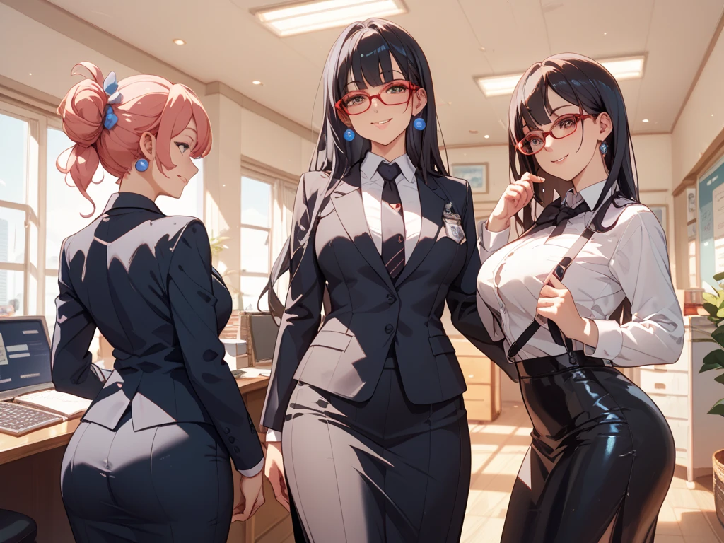 masterpiece, best quality, high definition images, atmospheric perspective, expressive eyes, perfect face, ultra detailed, solo, 1mature seductive woman sticking butt, alluring pose, female teacher, bending over, back view, black short bob hair, simple glasses, business suit, blouse, pencil skirt, tight mini skirt, spread legs, panties, curvy, thighs, pantyhose, high heals, from below, in study room,