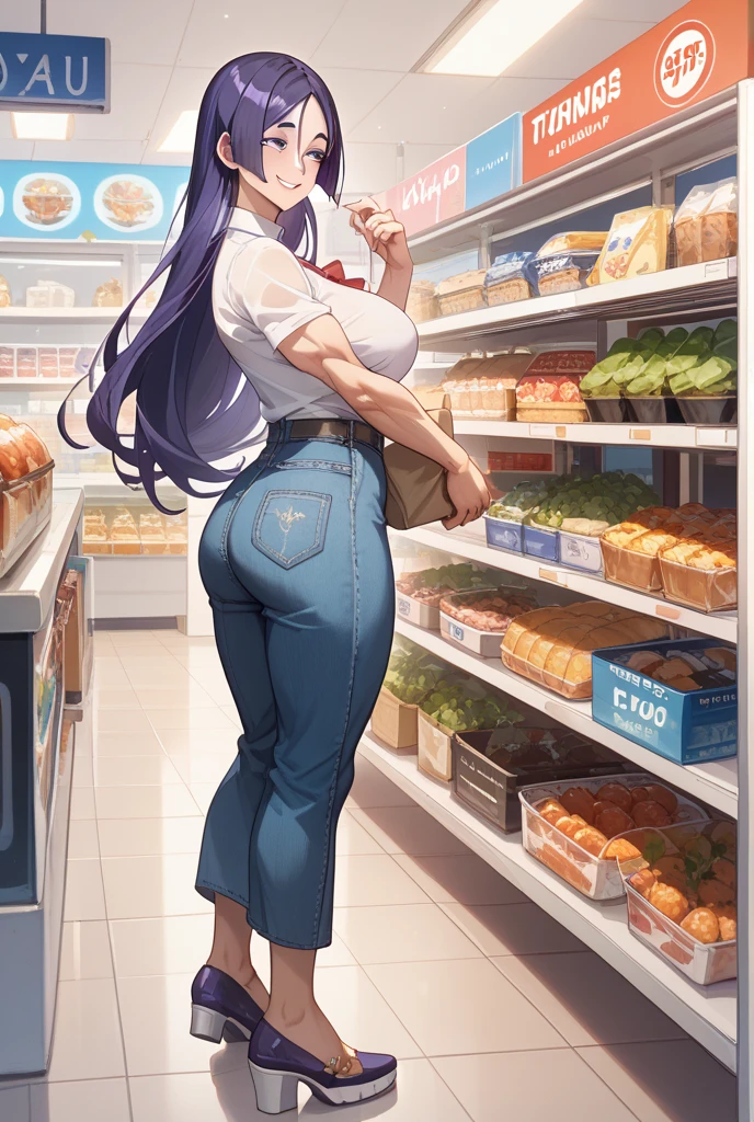 masterpiece, best quality, supermarket background, white dress, from back, big butt, holding basket with food, full body, looking away, smile, long hair <lora:lanas_mother:1> lana mommy, mature female, <lora:pantylines_v0.1:1> pantylines