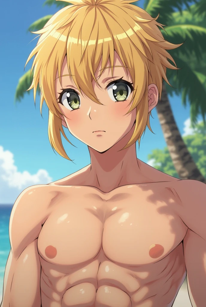high quality, detailed, Realistic, (one japanese boy), (detailed blue eyes), (abs:1.2), (shiny skin), detailed nipples, blond hair, (black tiny thong), (erected bulge), summer beach, (smile:0.8), close up face, (sweat:1.4)