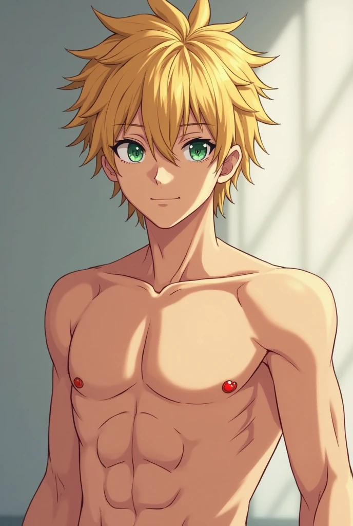 masterpiece, best quality, high quality, 1boy, solo, male focus, looking at viewer, view from front, upper body, lemiel_silvamillion_clover, blue eyes, blonde hair, upper body, slim body, sweat, (shirtless, topless, bare chest), smile, shower, river