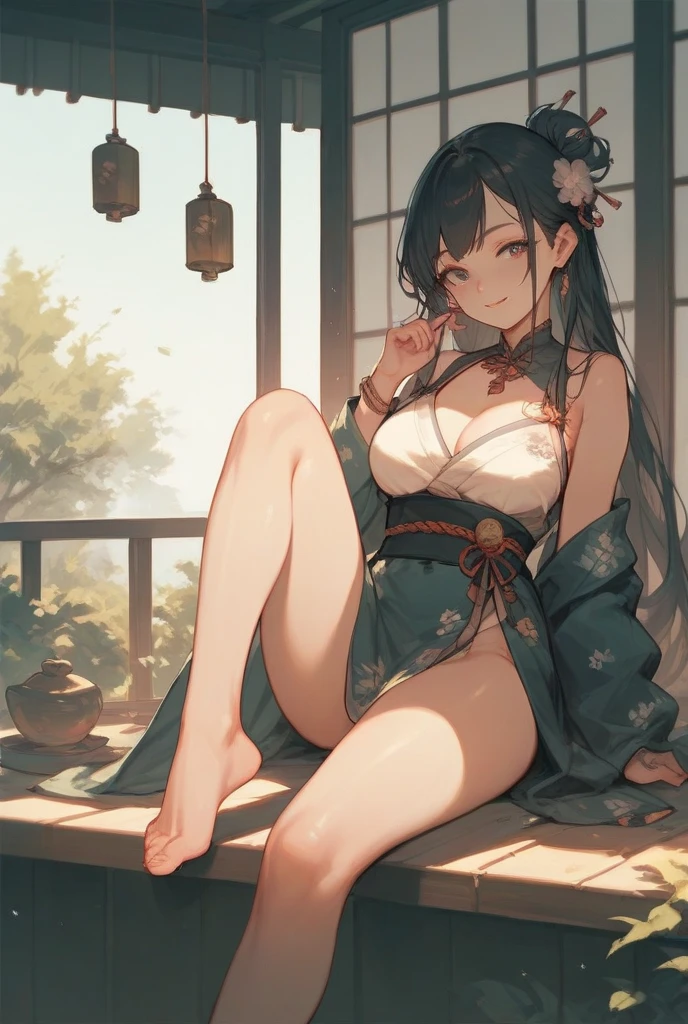 (masterpiece, best quality: 1.2), traditional Chinese ink painting, A cute 18 year old female with medium breasts, sexy transparent white lace nightgown, Oversized dress :1.2, Couch, Ultra-detailed face, Detailed eyes, Double eyelid, sfw , long dress