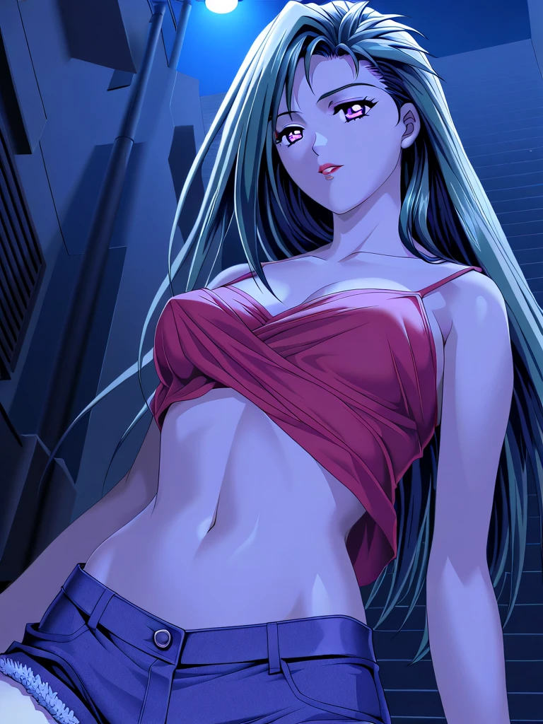 score_9, score_8_up, score_7_up, score_6_up, score_5_up, score_4_up,  <lora:cyberpunk_edgerunners_style_illustriousXL:0.8>, cyberpunk_edgerunners_style, 1girl, looking at the viewer, asymmetrical clothes, navel, purple eyes, very long hair, tied shirt, midriff, hair ribbon, single pantsleg, white shirt, ponytail, black hair, large breasts, jeans, white ribbon, brown belt, purple hair, asymmetrical legwear, masterpiece, highres