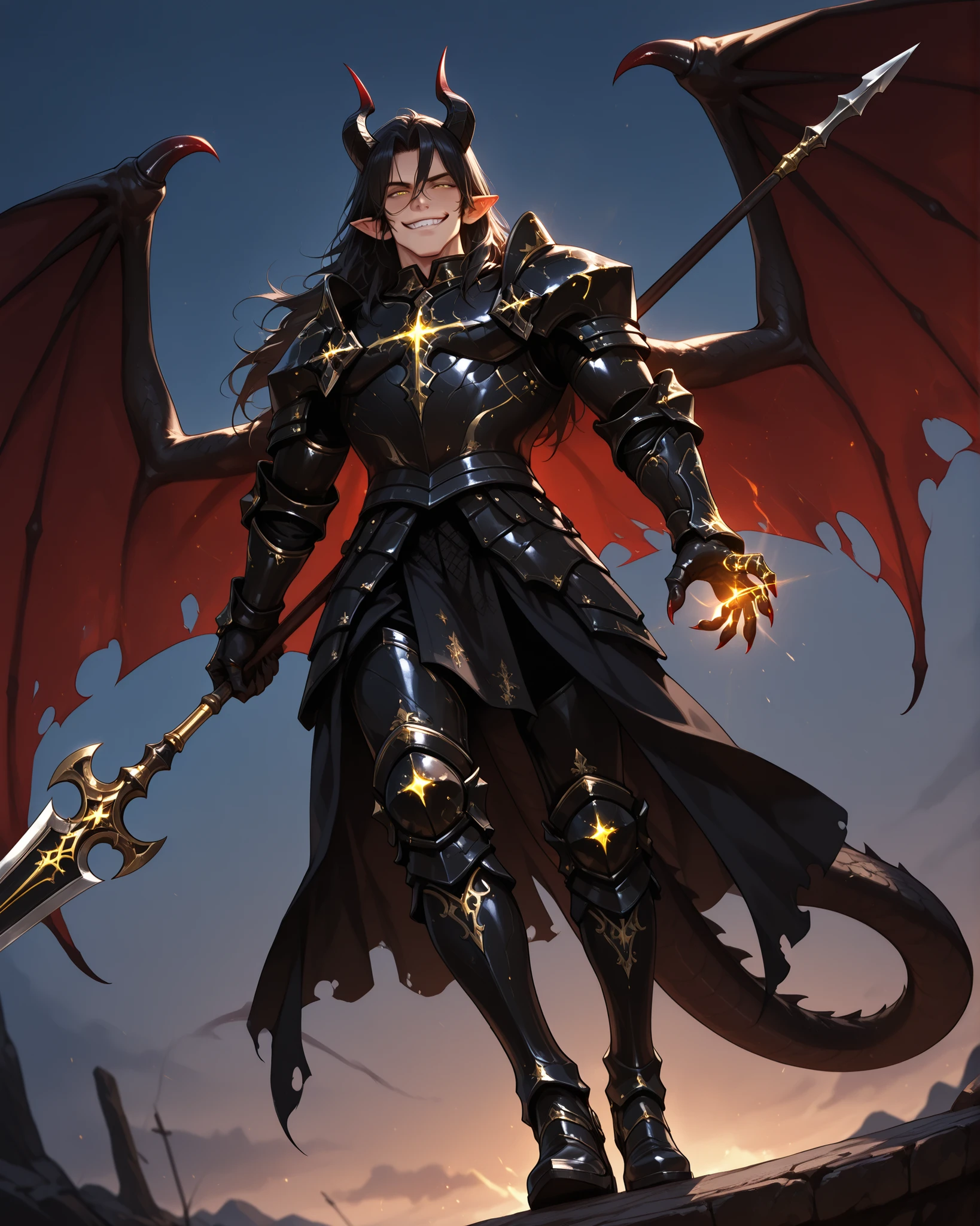 (masterpiece, best quality: 1. 5), (128K Ultra High Resolution), (intricate detail, super detailed, extreme detailed: 1. 5), HD model, best illustration, detailed depiction, highres, 8K, CG, detailed line work, ray tracing, ((Anime)), from below, (1 male), lean body, (beautiful guy), strong body, masculine, weredragon, japanese anime style, (glossy black, shiny black leather), (beautiful golden eyes, finely detailed eyes, bright eyes, vertical iris: 1. 5), hair between eyes, (black hair), (long hair, thick and luxuriant hair, wild hair), sideburns, (sly grin, smirk, evil smile), teeth, confident, (ultra detailed face: 1. 5), shiny skin, long pointy ears, twisted torso, long-legged, sculpted face, wasp waist, broad shoulder, slim waistlines, wide chested, sinewy body, dragon horn, dragon tail, dragon wings, dragon sharp claws, half dragon half human, (black armor with a lot of grandiose decorations), (spear weapon, spear on hand ready to strike, holding detailed spear: 1, 5), (dramatic angle), ((imposing posture)), ultra detailed black armor, all black outfit, dressed in black, emphasize face, sharp focus, oblique angle, good-looking man, well-polished black armor, cinematic, (highly detailed artwork, detailed black decorations), dramatic shadows, ((action pose)), stark contrast, heavy shadows, beautiful and aesthetic, photoreal, (mysteriously crafted black metal armor: 1. 5), a full-body warrior, true-to-life visuals, artistically refined, dramatic contrasts, (extremely delicate and beautiful armor, elaborate armor details, armor with intricate engravings: 1. 5), ((glowing glitters, exquisite goldwork)), ((armor-type boots)), (wonderful black armor, detailed shoulder armor with intricate engravings: 1, 5), ((dark fantasy aesthetics), very gorgeous and dazzling, (ultra detailed fantasy black armor, dark fantasy black knight, in a cursed dark armor, wonderful spiked armor: 1, 5), (Hyper Detailed & Perfectly Designed Black Armor: 1. 5), sky, splendid scenery background