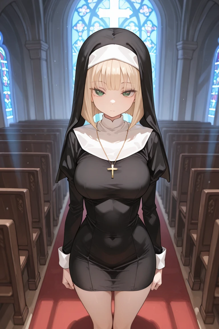 (best quality, masterpiece),(Best quality:1.5),Very detailed, Large Breasts,(shy expression:1.5),(solo:1.5),( A nun:1.5), Blonde hair,( Hair between the eyes:1.3), (supporting breasts with both hands:1.5), sitting,(Black Nun dress:1.4),(Wearing a black mask:1.5),In the church,(Clothes that just be see-through at nipples part:1.4),(red nipples are just exposed out of the cloth:1.3),(visible red nipples:1.4),(exposed legs:1.3),(exposed nipples:1.3)