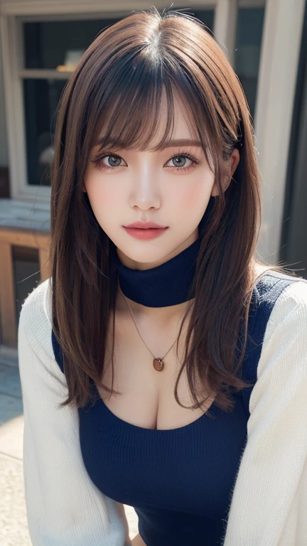 table top, highest quality, figure, Super detailed, finely, High resolution, 8k wallpaper, Perfect dynamic composition figure, detailed and beautiful eyes,  natural lip, dark blue knit dress , big breasts, cleavage