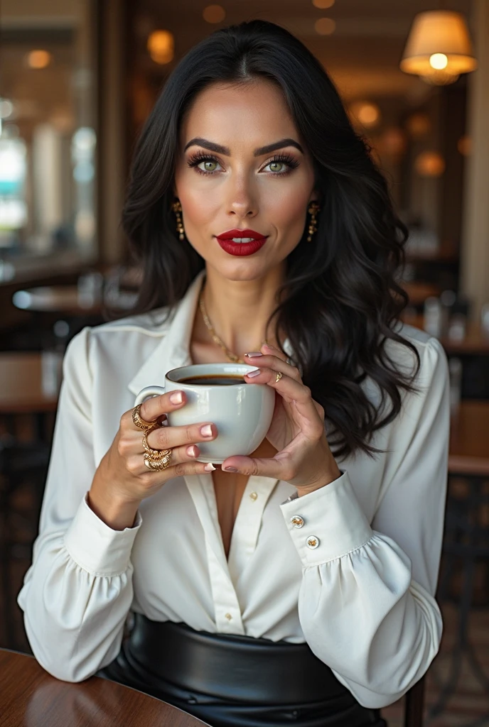 woman long black hair black eyes big lip big tits with a black dress drinking coffee