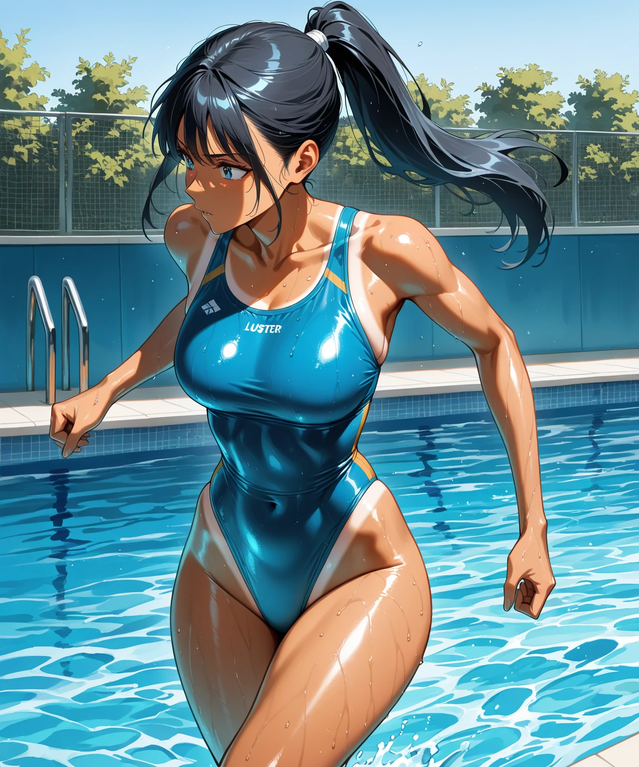 (best quality), (hyper realistic), mh-yk, 1 girl, alone, black hair, brown eyes, long hair, wearing standard swimsuit used in universities for training, blue color, big,, twintails, plein-air, hair rings, looking at the spectator, university sports pool scene, standing excitedly facing the pool with a sensual look, looking at the spectator calling to enter the water