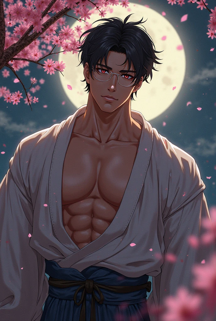 Ultra detailed, Highres, absurdres, HDR, Gojo Satoru, white hair, blindfolded eyes, Jujutsu Kaisen, black clothes with patterns with a hoodie, sexy man, solo, red flowers, shining fireflies, handsome, petals, shining red lights, shining red moon, toned chest, extremely detailed face, master piece,