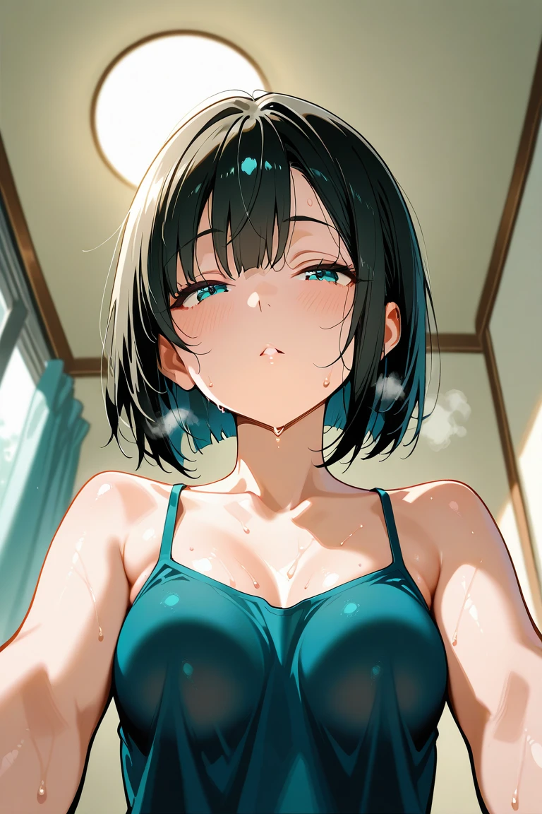 masterpiece, highest quality, ultra high resolution, (realistic photo: 1.4), ((1 girl, pale white skin: 1.4, kneel down, From above, looking up at the viewer, close up of face, 19 years old, cute, cute, black hair, game, short hair with bangs, big breasts: 1.6)) (bikini swimwear: 1.3, Blue and white two-tone swimsuit, Glossy shiny swimsuit, Glossy shiny swimsuit, Shiny swimwear with reflective surfaces, soaking wet body: 1.2) (portrait of famous japanese actress), (smile, Happy, Joyful, Hilarious, close your mouth), (chest between chest and arm), highly detailed eyes, ((((really pure white background, no background)))), long neck, (short hair with bangs)))), eyelash, Big eyes, (so beautiful, so beautiful)), ((((Natural light))))、(((spread legs)))
