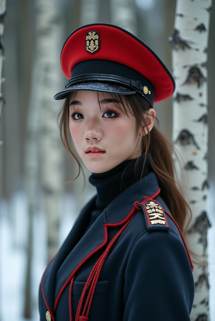 masterpiece, best quality, hd, realistic, 80mm, 1girl, 25 y.o, Japanese woman, short hair,black hair, wear Soviet military uniform, military cap, Russia, Russia jungle, snow, Snowy jungle